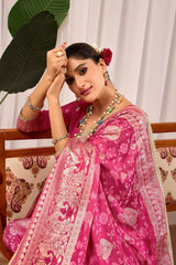 Rose Pink Floral Silk Saree with Traditional Motifs & Rich Zari Border