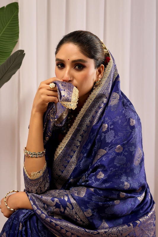 Royal Midnight Blue Saree with Intricate Floral Weaving & Silver Zari Elegance