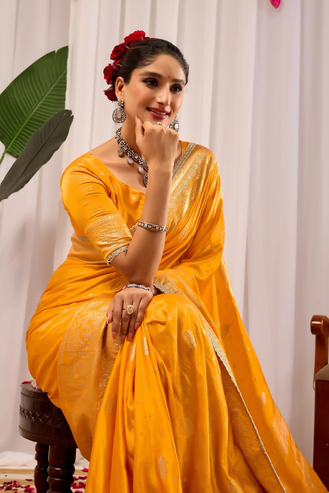 Mustard Yellow Satin Silk Saree with Antique Gold Zari Weaving