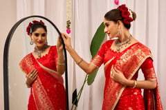 Crimson Red Satin Silk Saree with Heritage Gold Zari Weaving