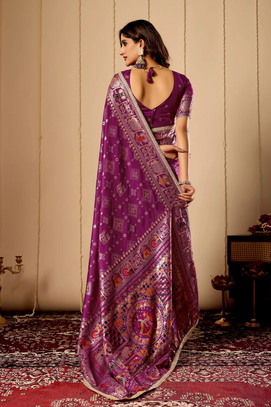 Amethyst Satin Silk Saree with Heritage Design & Intricate Zari Work