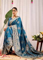 Teal Blue Soft Silk Saree with Woven Motifs & Rich Zari Border