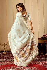 Mint Ivory Satin Silk Saree with Subtle Gold Zari Weaving & Artistic Pallu