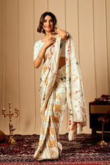 Ivory Pearl Satin Silk Saree with Multicolor Zari Motifs