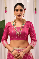 Rose Pink Floral Silk Saree with Traditional Motifs & Rich Zari Border