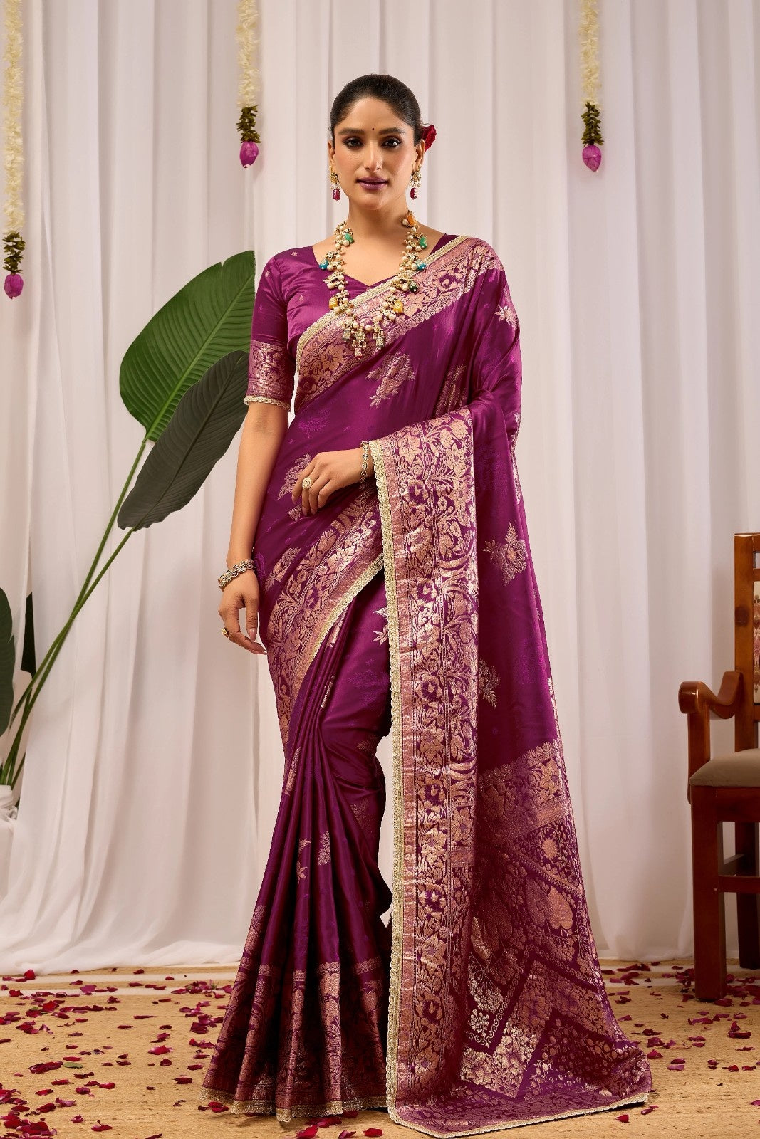 Wine Purple Silk Blend Saree with Heritage Floral Design & Gold Zari Border
