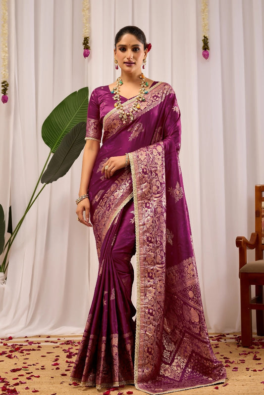 Wine Purple Silk Blend Saree with Heritage Floral Design & Gold Zari Border
