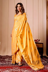 Mustard Yellow Satin Silk Saree with Gold Zari Weaving & Pot Motif Pallu