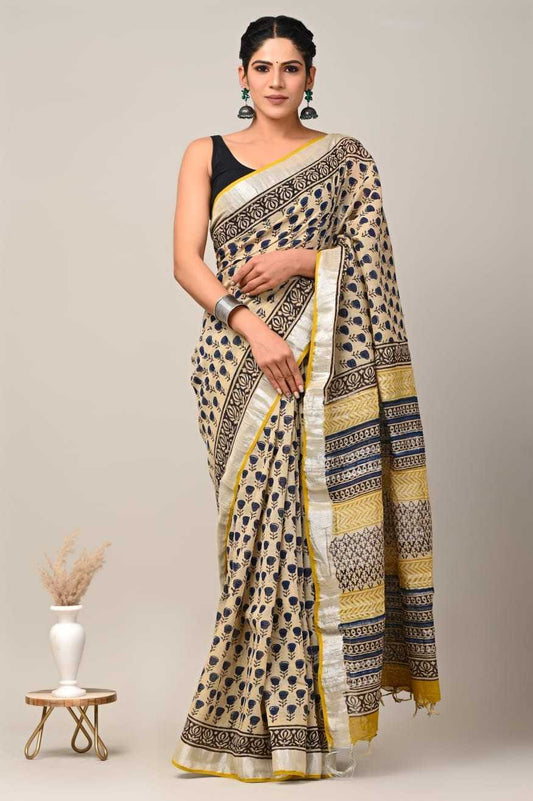 Yellow stripe Print Pure Linen Saree
