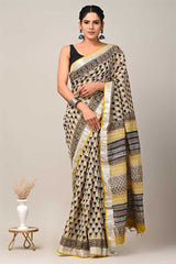 Yellow stripe Print Pure Linen Saree