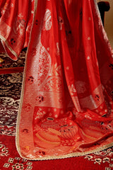 Crimson Red Satin Silk Saree with Heritage Gold Zari Weaving