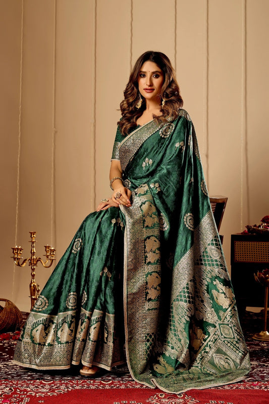Emerald Green Satin Silk Saree with Antique Gold Zari Paisley Design