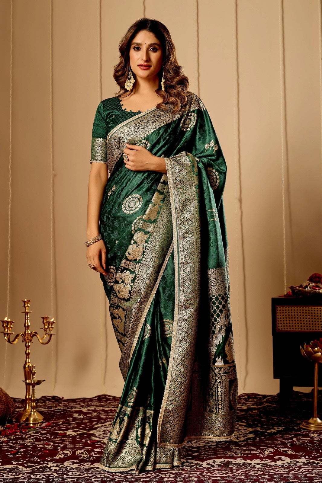 Emerald Green Satin Silk Saree with Antique Gold Zari Paisley Design