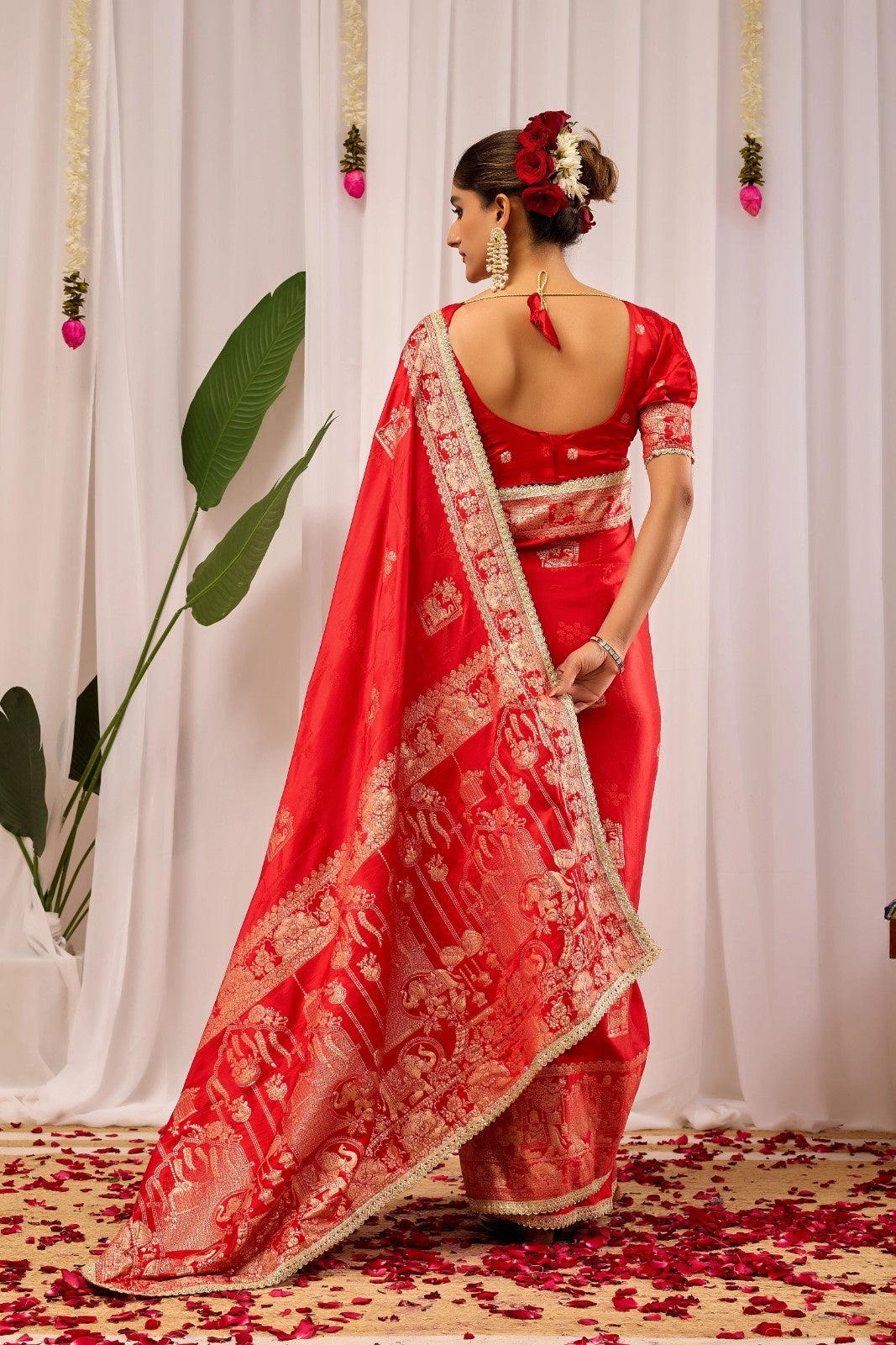 Crimson Red Satin Silk Saree with Heritage Gold Zari Weaving