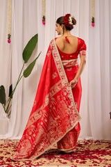 Crimson Red Satin Silk Saree with Heritage Gold Zari Weaving