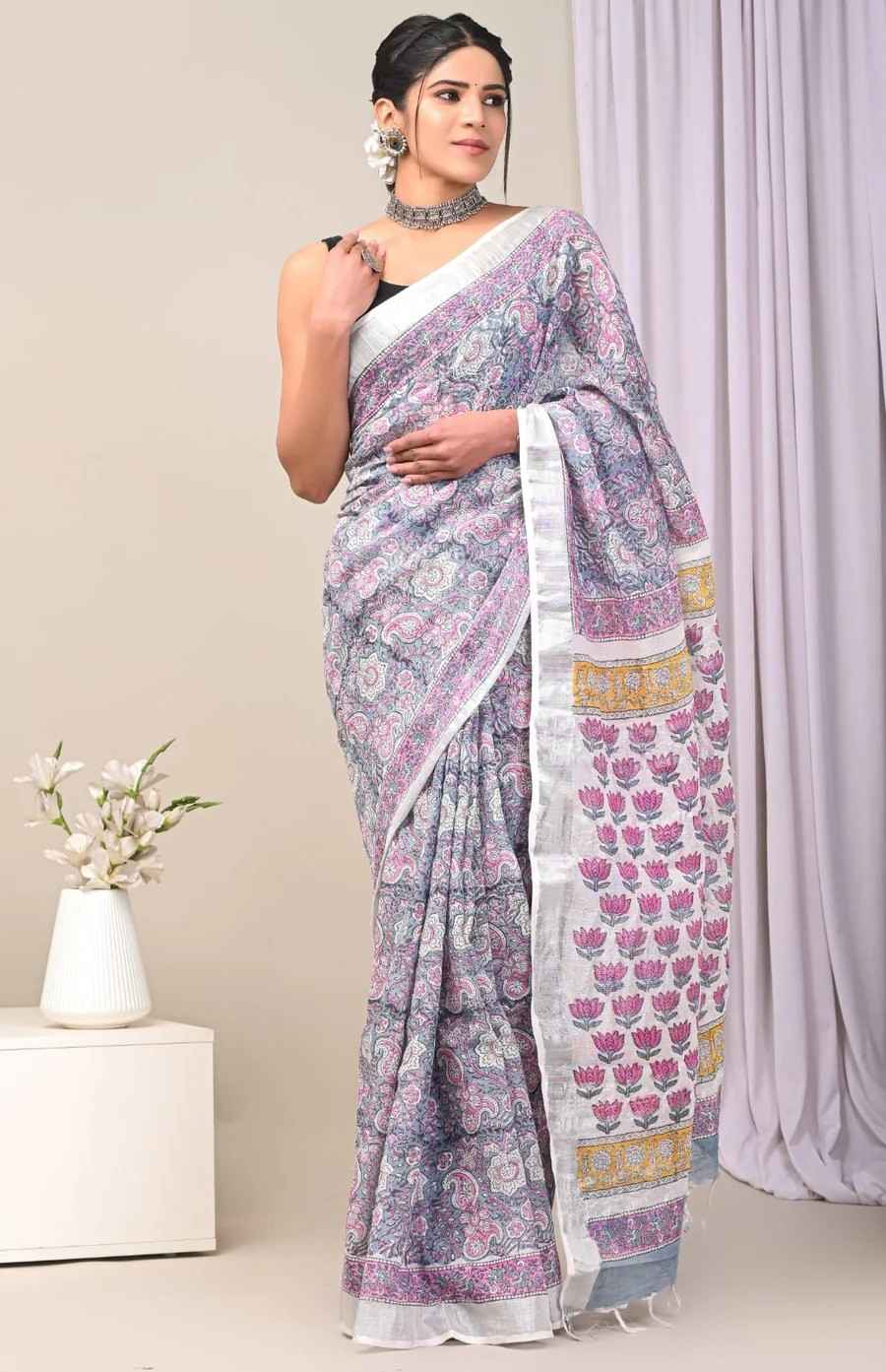 Indigo Blue Floral Block Print Pure Linen Saree