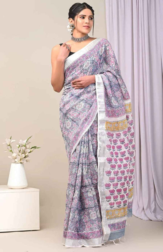 Sky Blue Floral Block Print Pure Linen Saree