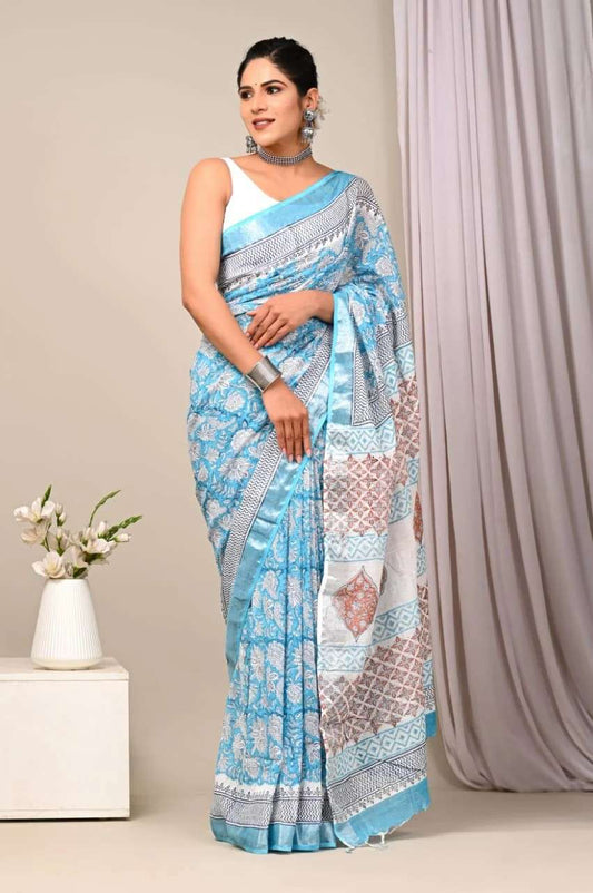 Light blue Print Pure Linen Saree