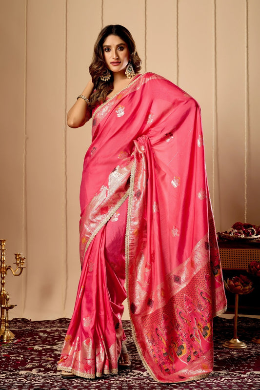 Pink Rose satin Silk Saree