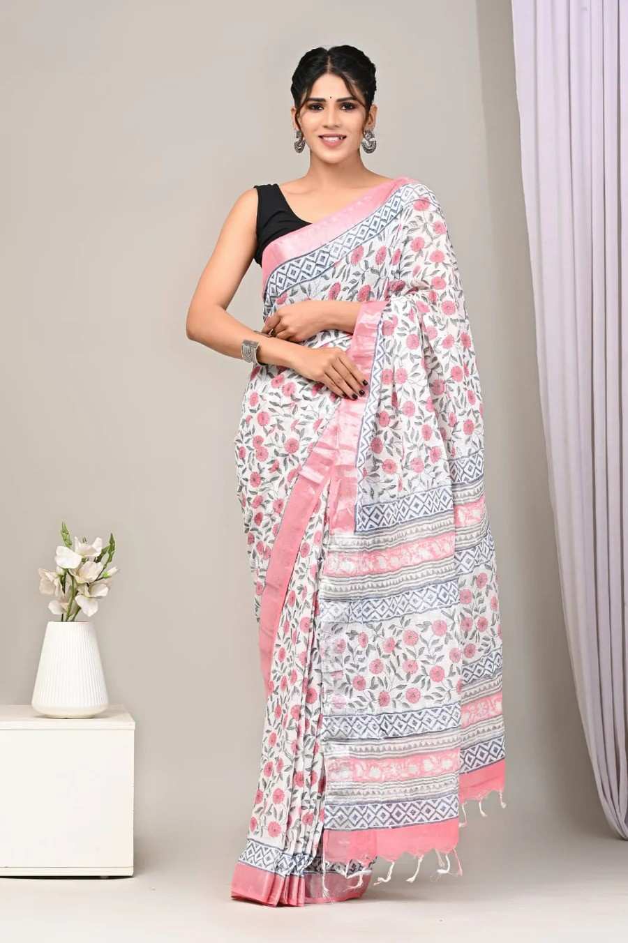 Red  Block Print Pure Linen Saree (Copy)