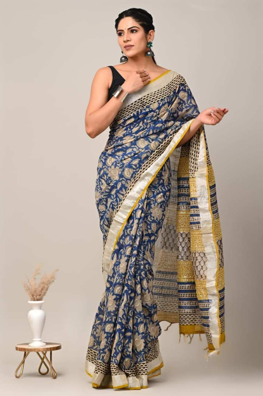 Blue floral Print Pure Linen Saree