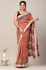 Brown Print Pure Linen Saree