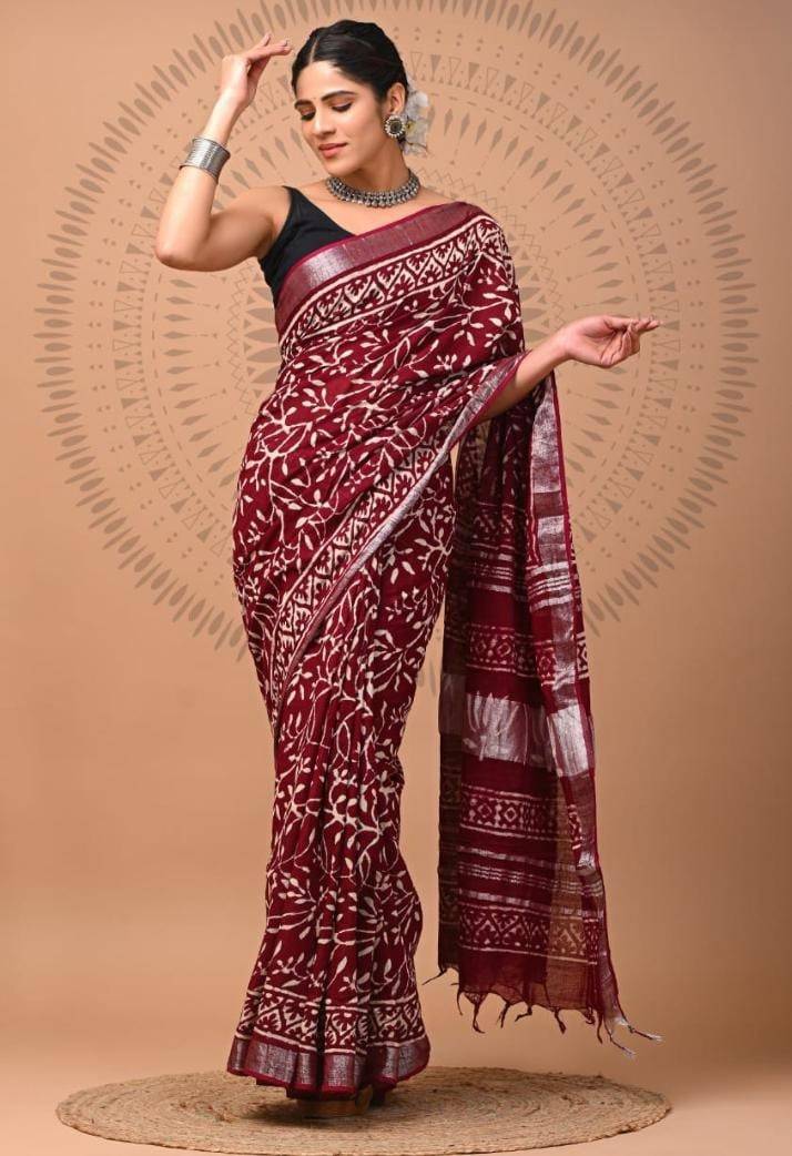 Maroon Print Pure Linen Saree