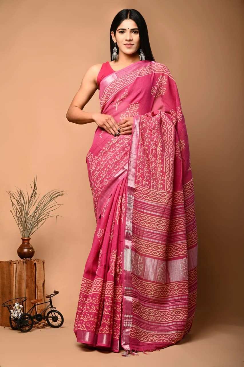 Pink Print Pure Linen Saree