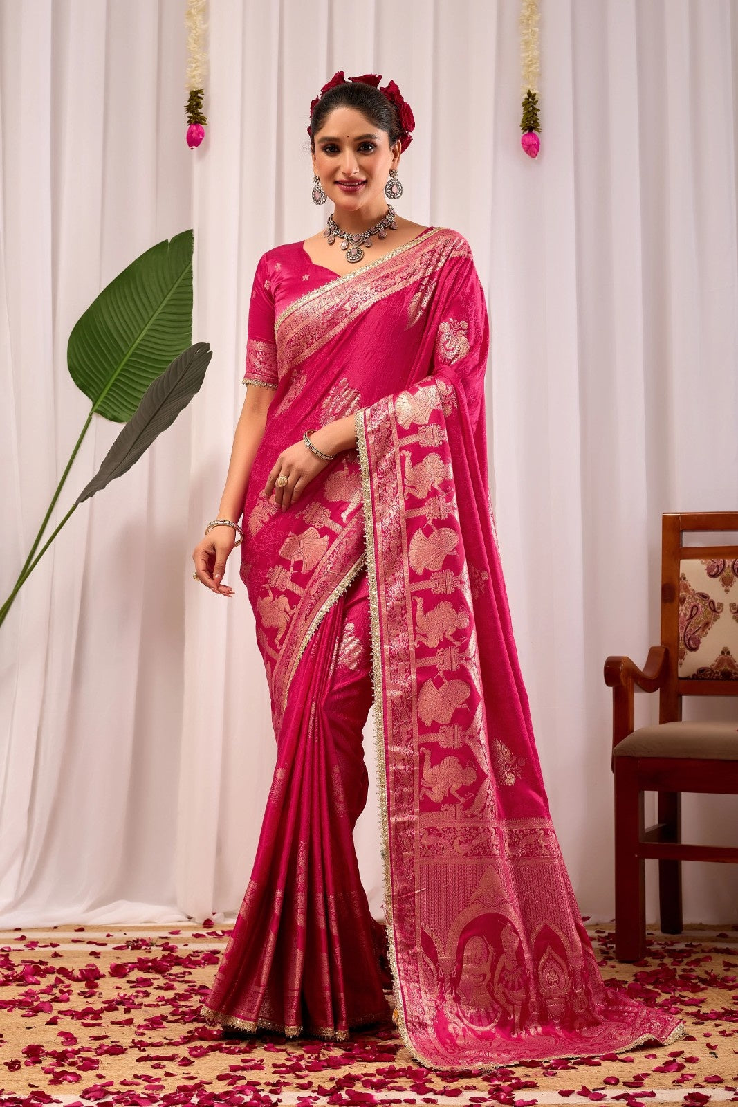 Magenta Satin Silk Saree with Antique Gold Zari Motifs