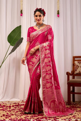Magenta Satin Silk Saree with Antique Gold Zari Motifs