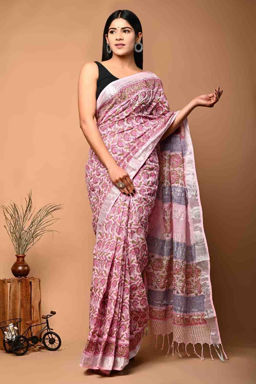 Off-White Multicolor Paisley Block Print Pure Linen Saree