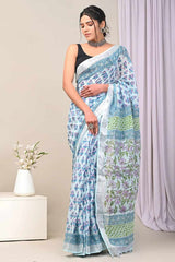 Yellow Grey Kalamkari Print Pure Linen Saree