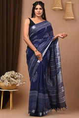 Blue  Print Pure Linen Saree