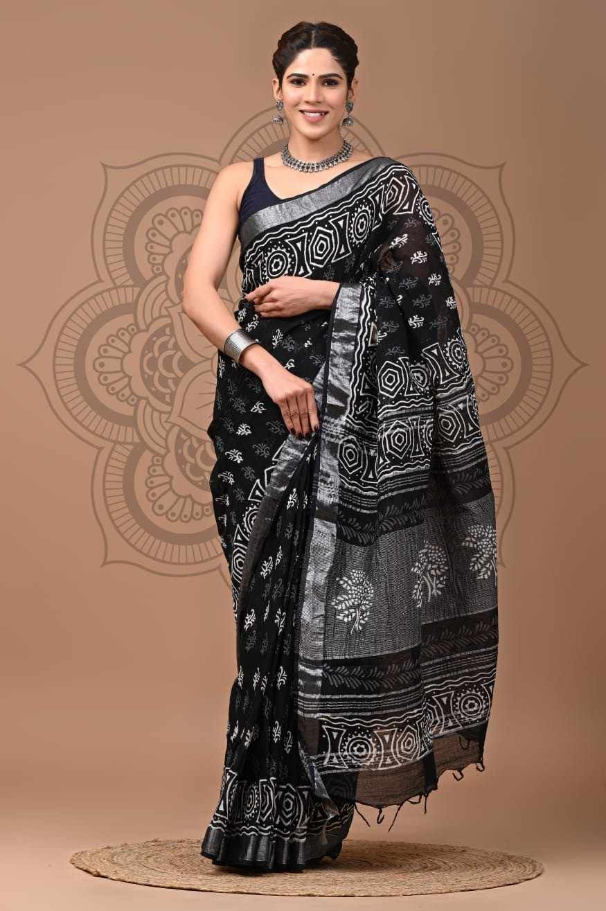 Black Print Pure Linen Saree