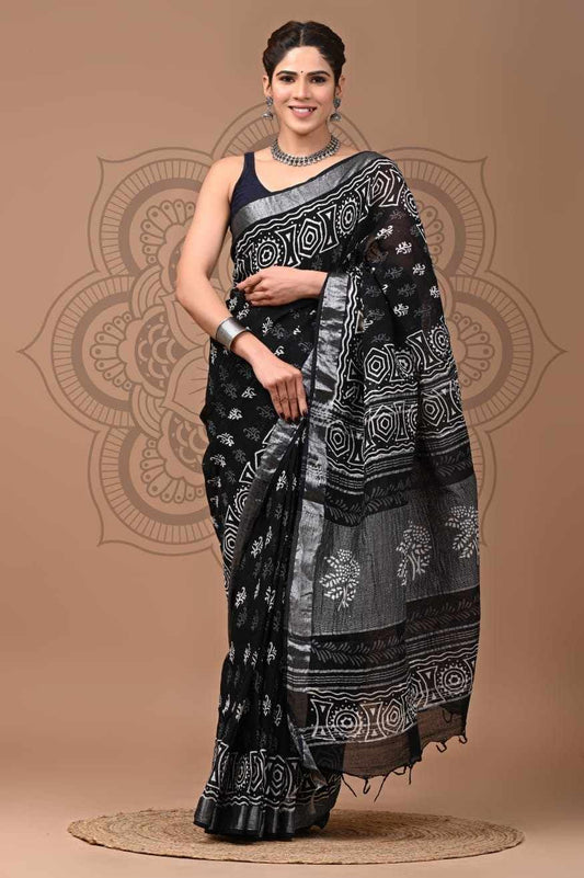 Black Print Pure Linen Saree