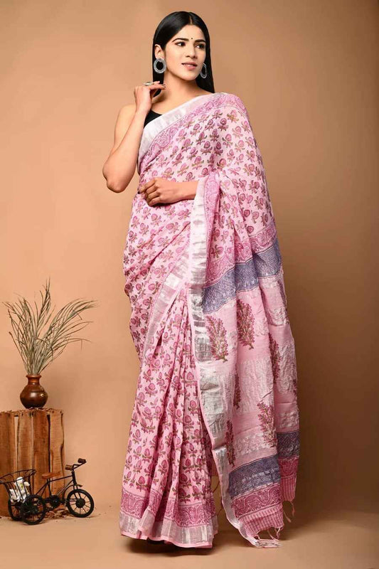 Navy Blue Block Print Pure Linen Saree