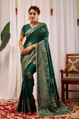 Emerald Green Satin Silk Saree with Antique Gold Zari Paisley Design