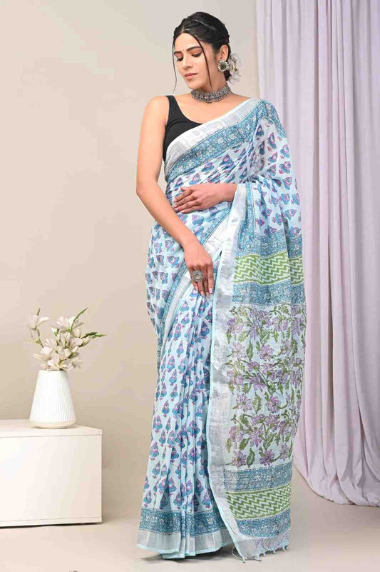 Pink Floral Block Print Pure Linen Saree