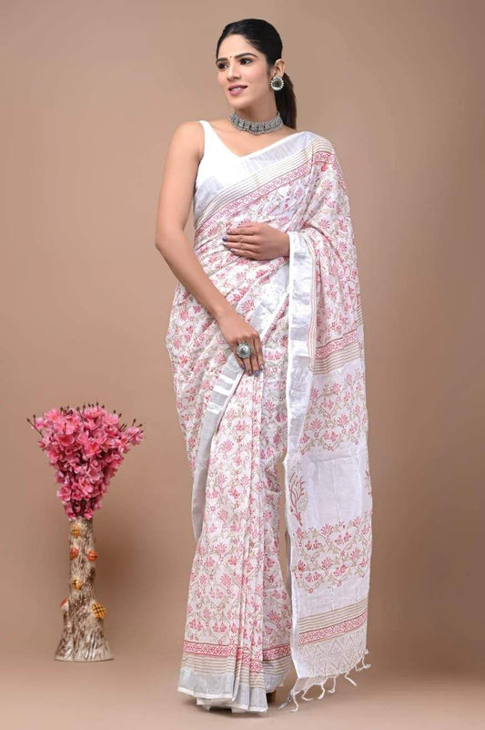 White Print Pure Linen Saree