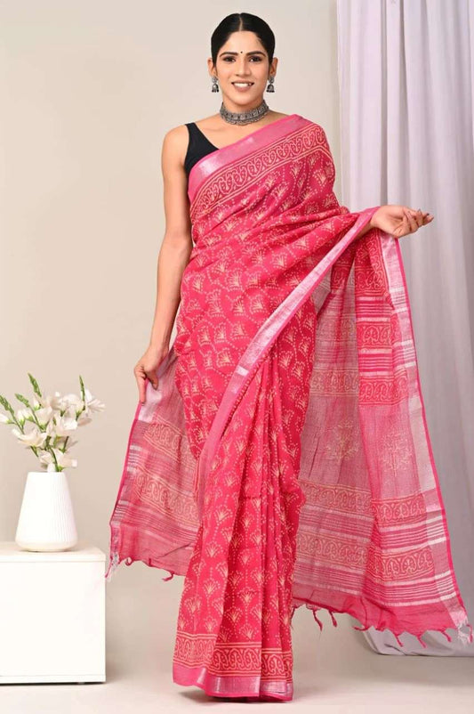 Pink Print Pure Linen Saree (Copy) (Copy)