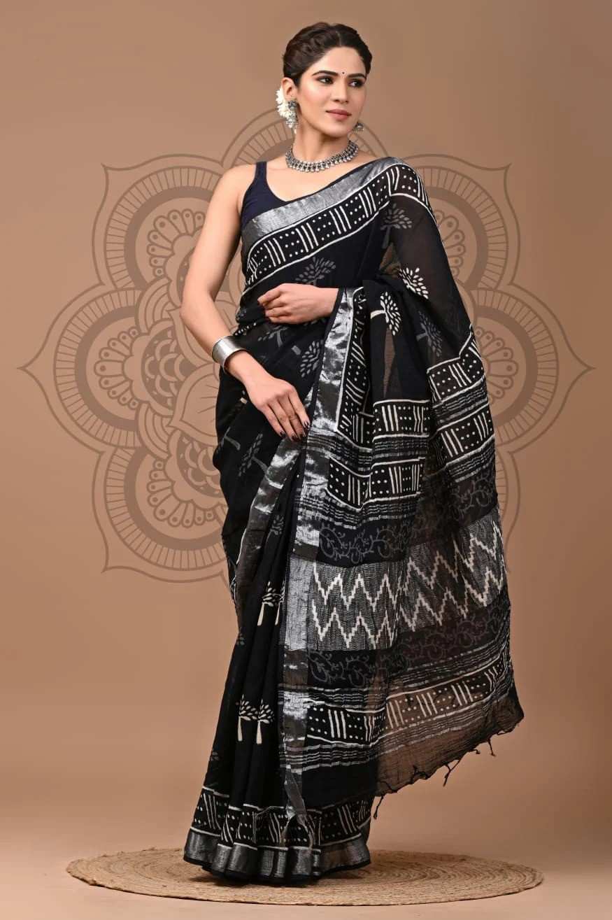 Black  Print Pure Linen Saree (Copy)