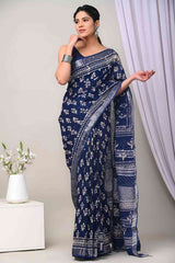Lavender Floral Block Print Pure Linen Saree