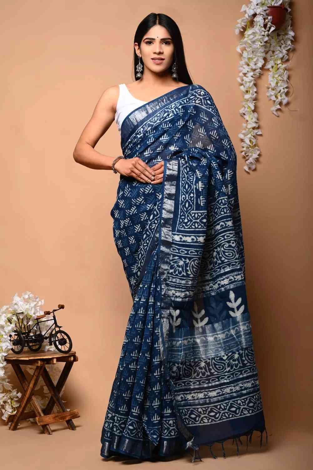 Teal Green Floral Block Print Pure Linen Saree