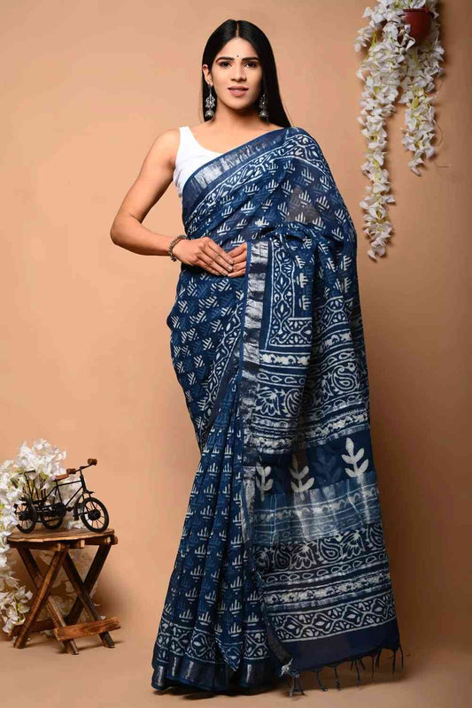 Teal Green Floral Block Print Pure Linen Saree