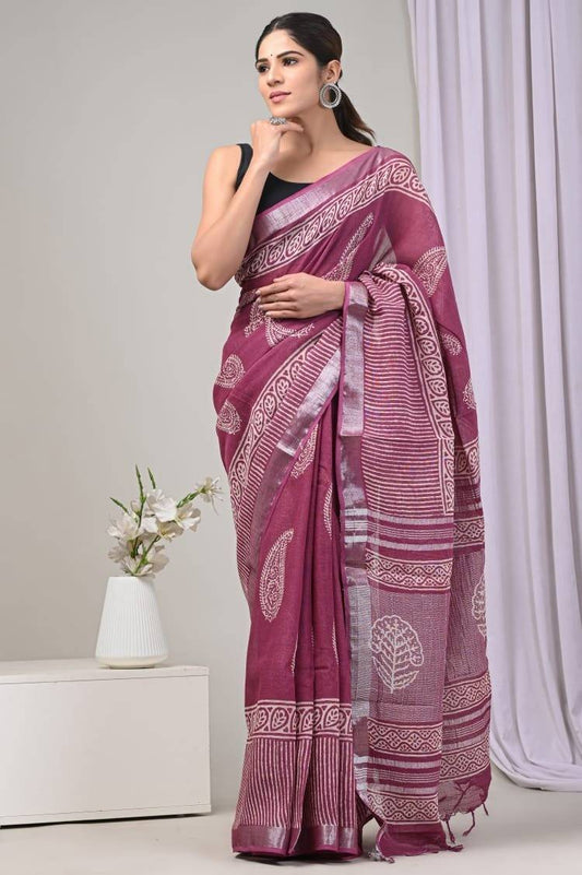 Maroon  Print Pure Linen Saree