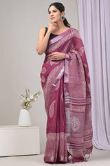 Maroon  Print Pure Linen Saree