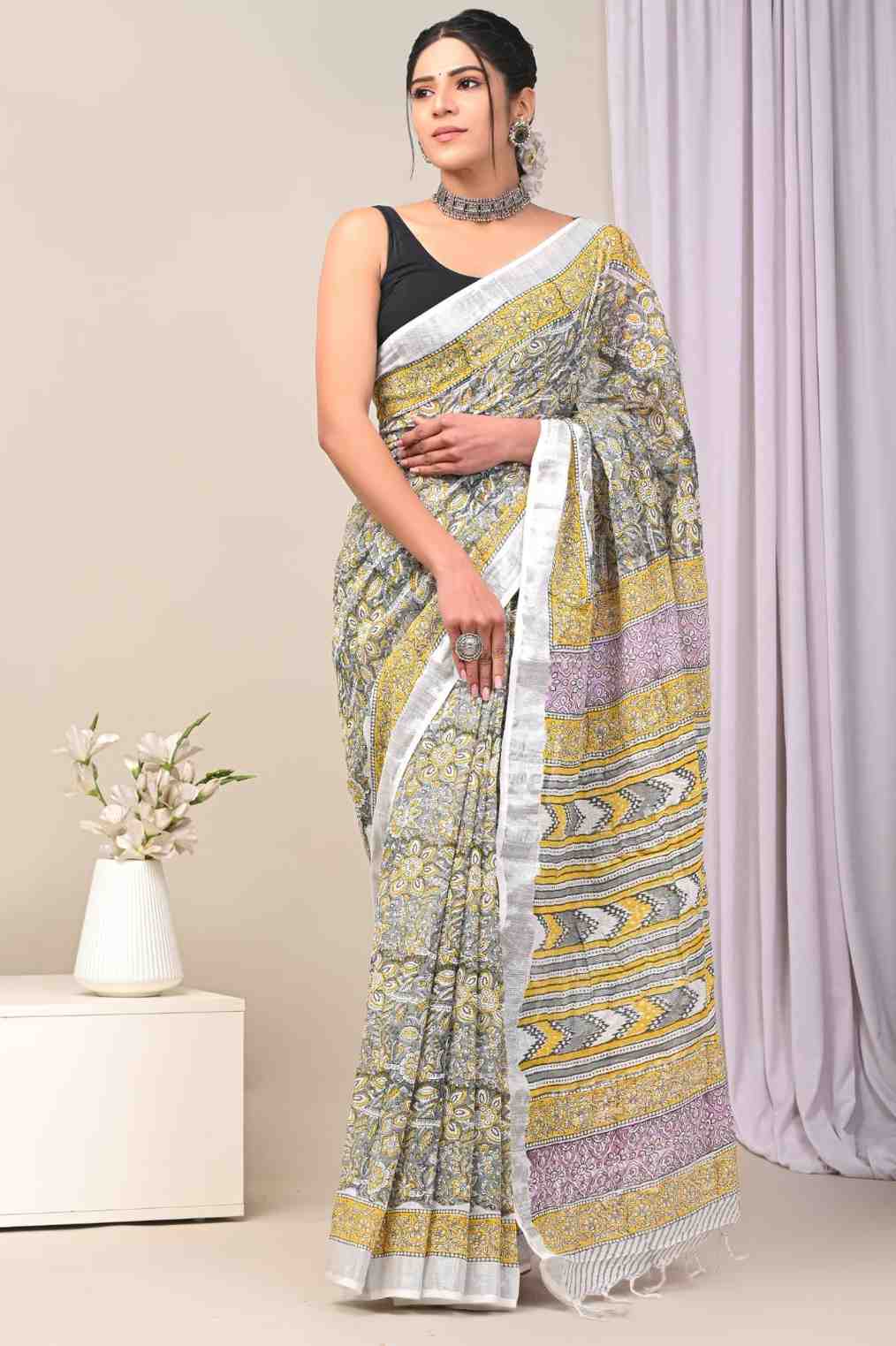 Peach Floral Block Print Pure Linen Saree