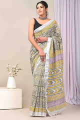 Peach Floral Block Print Pure Linen Saree