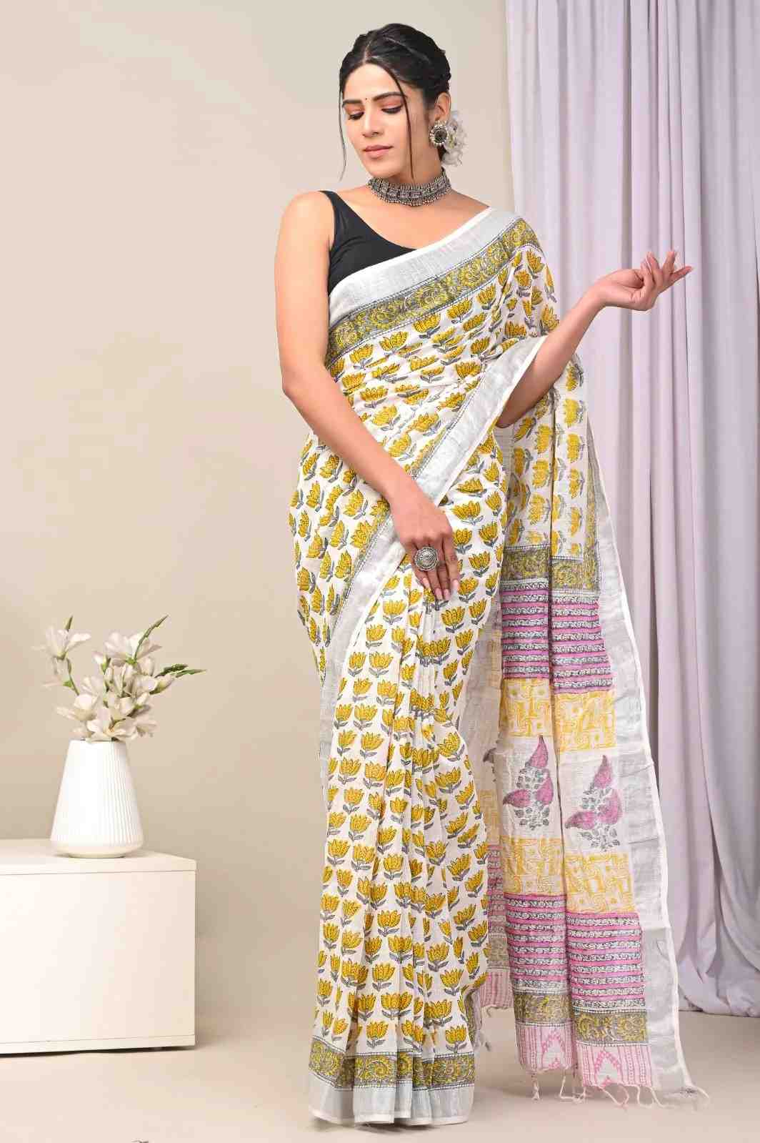 Mustard Yellow Paisley Block Print Pure Linen Saree