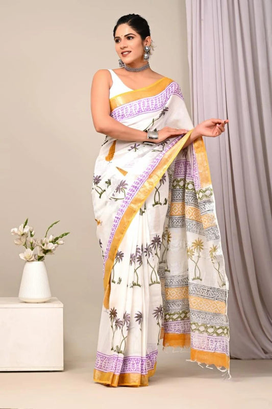 White and yellow Border  Print Pure Linen Saree
